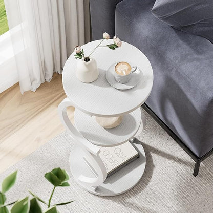 JUSTOGO Small Round Side Table, 3-Tier End Table for Living Room, Vintage Nightstand for Small Spaces Sofa Couch Corner Bedside Bedroom, S-Shaped Wood Accent Table Matel Coffee Table, White