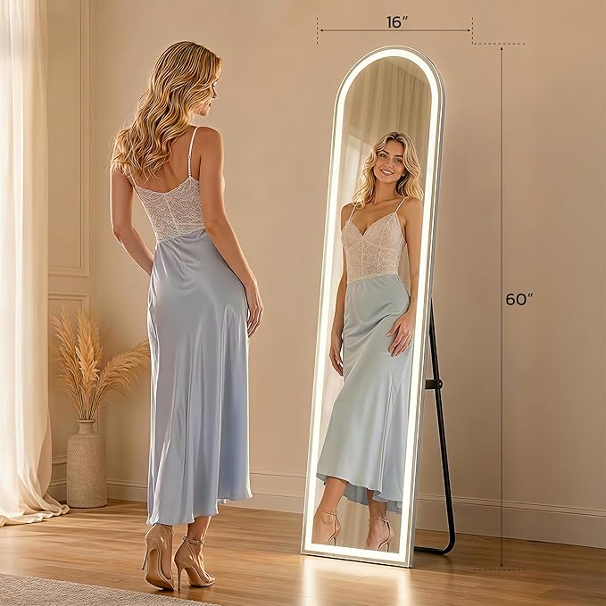 Full Length Mirror with LED Lights, 60"x16"Floor Mirror with Dimming & 3 Color Lighting, Free Standing Floor Mirrors, Lighted Full Body Mirrors for Bedroom, Dressing Room, Cloakroom