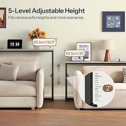 HOOBRO Narrow Console Table Set of 2 with Charging Station, Adjustable Height Sofa Table (25''-32.9''), Slim Behind Couch Table for Small Spaces, Entryway, 78.8" Greige and Black BG95UXGP201