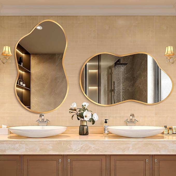 Dorlicecass Bathroom Mirror - Gold Irregular Wall Mirrors Decorative 26"x46" Asymmetrical Tempered Glass Aviation Aluminum Alloy Frame for Vanity, Bedroom, Living Room, Cloakroom, Entryway