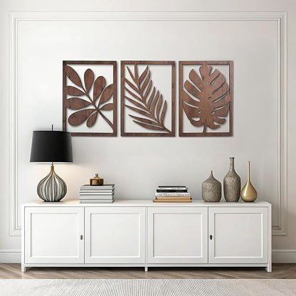 qmmp Modern Wooden Wall Sculptures - Set of 3 - Home Decor Accent - Large Wall Art for Living Room, Bedroom, Office - Easy Installation (Walnut, XLarge - Tree Leaves)
