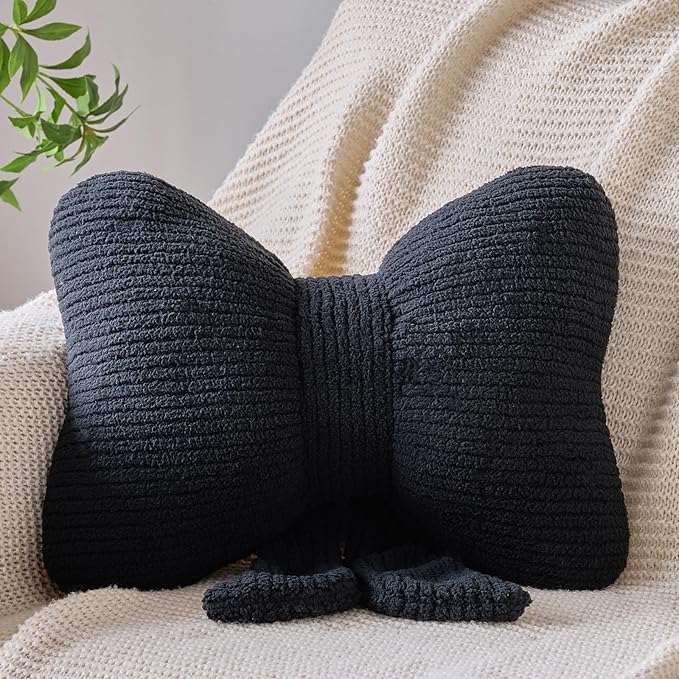 Bow Pillow, Decorative Throw Pillows with Soft Plush, Bow Throw Pillow for Couch Bed, Home Decor Bow Shaped Pillow for Bedroom Living Room (Black, 12 Inches)