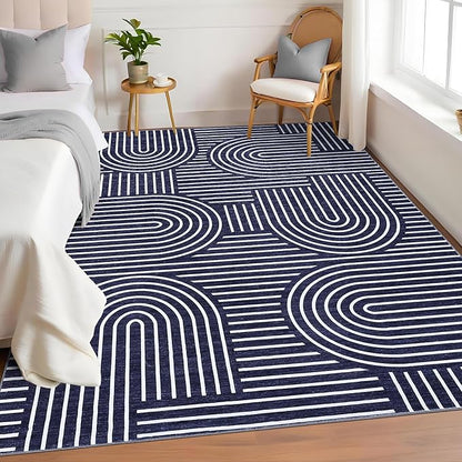 ROYHOME Washable Rug 4x6 Area Rugs for Living Room, Abstract Rug for Bedroom, Soft Rainbow Non Slip Throw Rugs with Rubber Back, Low Pile Stain Resistant Boho Geometric Carpet for Dining Room, Blue