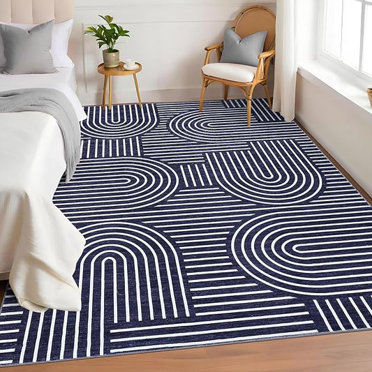 ROYHOME Washable Rug 4x6 Area Rugs for Living Room, Abstract Rug for Bedroom, Soft Rainbow Non Slip Throw Rugs with Rubber Back, Low Pile Stain Resistant Boho Geometric Carpet for Dining Room, Blue