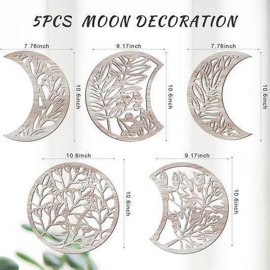 Jetec 5 Pcs Moon Phase Wall Art Decor Wall Pediments Hanging Wooden Phase Spiritual Bedroom Nordic Boho Lunar Aesthetic Art for Living Room Dorm Apartment Ornament(Vintage Color,10.6 Inch,Botanical)