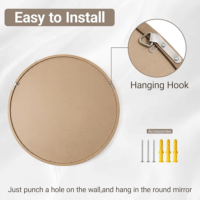 Brakki Round Wall Mirror with Wood Frame, 28 inch Circle Mirror for Bathroom Bedroom Entryway Vanity Living Room, HD Shatterproof Glass, Wall Mounted Decor, Hanging or Leaning, Walnut