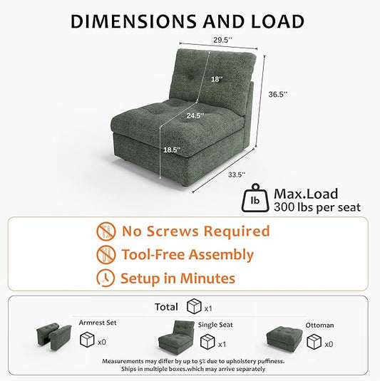 Oversized Modular Sectional Sofa with Storage, Modern Deep Seat Cloud Couch for Living Room, L-Shaped Large Sectional Couch, Only Single Seat, Green