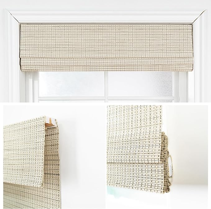 Motorized Bamboo Roman Shades, Motorized Blinds with Remote Compatible with Homekit, Alexa GoogleHome, Smart Wood Woven Shades for Indoor Windows, Customize, Sandstone Grid