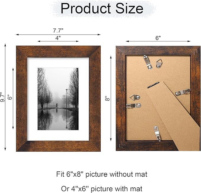 iRahmen 6x8 Picture Frame with Mat 4x6 - High Definition Real Glass Wooden Photo Frames for Tabletop Display and Wall Mounting (Dark Brown, Set of 2)