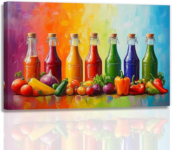 OAAPITI Kitchen Canvas Wall Art Colorful Spices Seasoning Bottle And Vegetable Picture Print Abstract Contemporary Modern Artwork Home Decoration Ready To Hang(Artwork-5,12"x18")