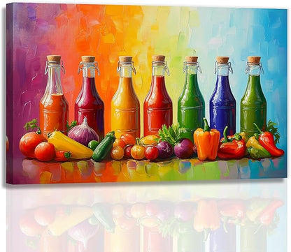 OAAPITI Kitchen Canvas Wall Art Colorful Spices Seasoning Bottle And Vegetable Picture Print Abstract Contemporary Modern Artwork Home Decoration Ready To Hang(Artwork-5,28"x42")