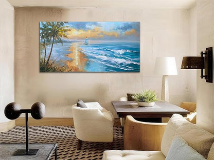 Enartly 3D Textured Seascape Wall Art for Living Room, Ocean Nature Coconut Tree Landscape Canvas Painting Artwork Framed Bedroom Bathroom Hallway Home Office Wall Decor, 48"x24"