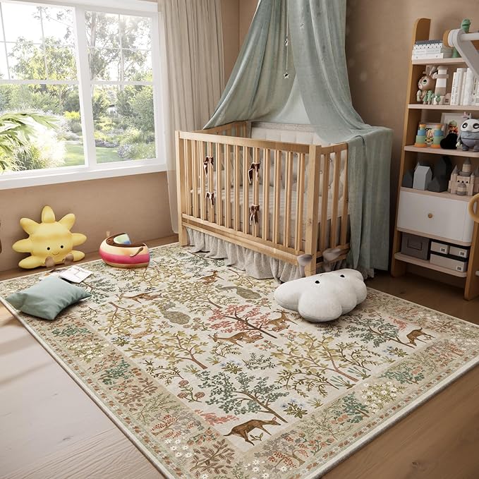 5x7 Area Rugs for Living Room: Washable Rug Vintage Area Rug Stain Resistant Non Slip Low Pile Lightweight Soft Carpets Rugs for Bedroom Dining Room Kitchen Nursery Kids Room Farmhouse Indoor
