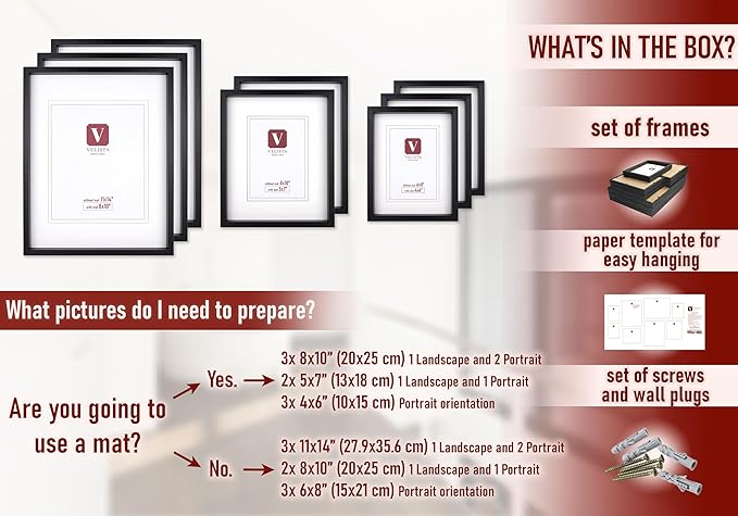 8 Pack Shadow Box Style Gallery Wall Frame Set – Deep Photo Frame Set with Mat for 8x10, 5x7 and 4x6 - Multiple Sizes Picture Frame Set for Wall Collage – Assorted Picture Frames for Wall (Black)