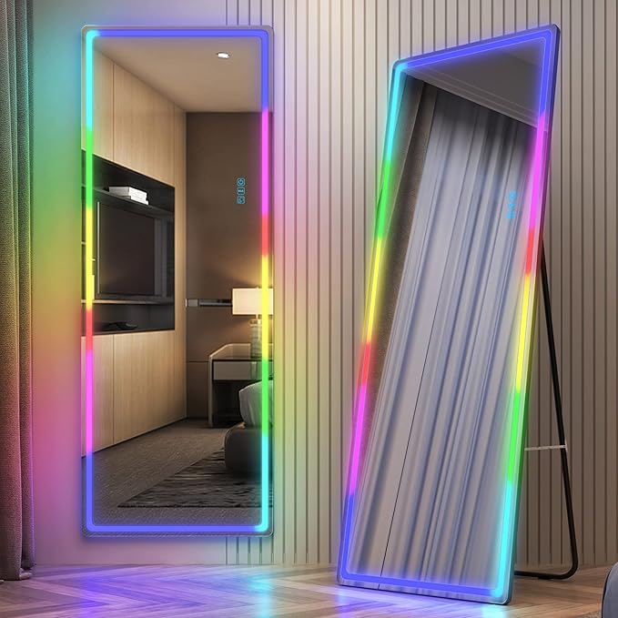 LVSOMT 63 X 22 Full Length Mirror with Lights, Large Wall Mirror Full Length, RGB Led Mirror Full Length with Remote Control, Full Body Mirror for Bedroom Living Room Cloakroom, Black