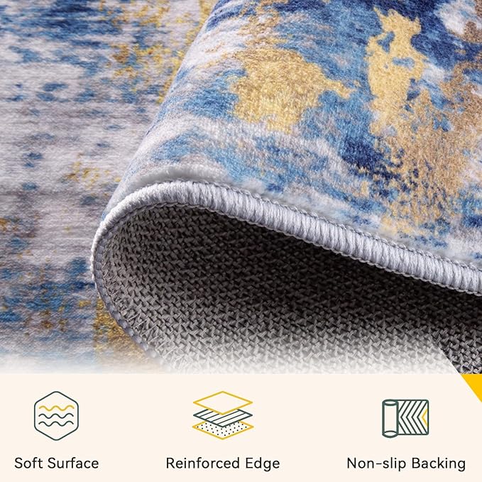 RELEANY Washable Area Rugs 6ft Non-Slip Modern Abstract Soft for Living Room Entryway Bedroom Nursery, Print Pattern, Grey Blue Gold/Golden