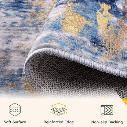 RELEANY Washable Area Rugs 6ft Non-Slip Modern Abstract Soft for Living Room Entryway Bedroom Nursery, Print Pattern, Grey Blue Gold/Golden