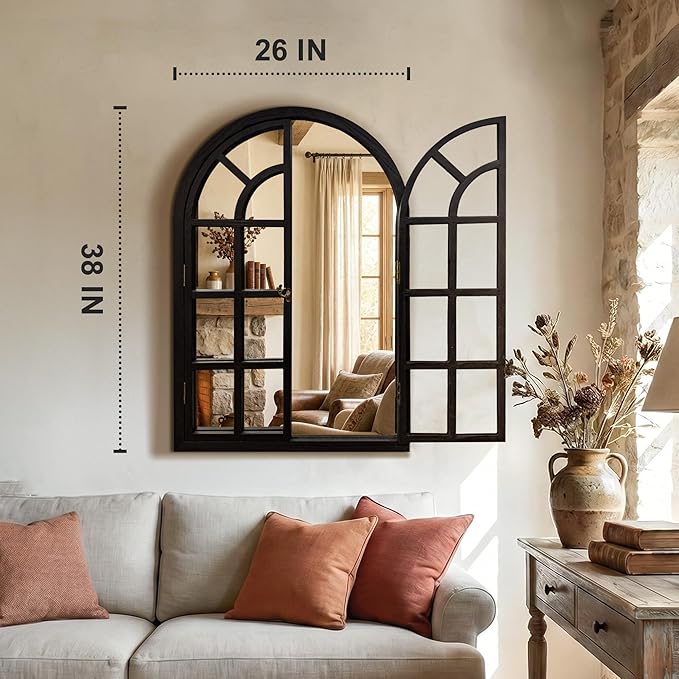 TRAHOME Arched Windowpane Mirror, 26"x38" Black Wood Frame Rustic Farmhouse Wall Mirror, Vintage Decorative Window Mirror for Living Room, Entryway, Bathroom