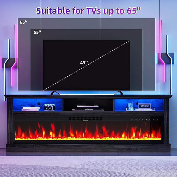 58" Fireplace TV Stand, TV Stand with 52" Fireplace, LED Light Entertainment Center with Storage Cabinets, Modern Media TV Console TV Table for Living Room, Black