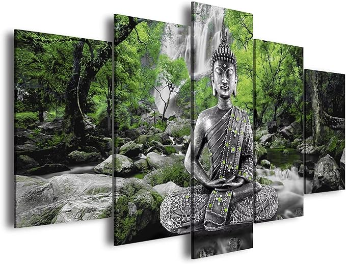 AWLXPHY Decor Buddha Waterfall Wall Art Canvas Painting Framed 5 Panels for Living Room Decoration Modern Landscape Buddha Trees Zen Stretched Artwork Giclee (Green, 80"x40")
