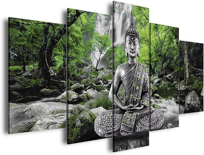 AWLXPHY Decor Buddha Waterfall Wall Art Canvas Painting Framed 5 Panels for Living Room Decoration Modern Landscape Buddha Trees Zen Stretched Artwork Giclee (Green, 80"x40")