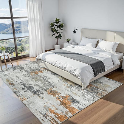 Area Rug 9x12 Living Room Rug Washable: No-Slip Abstract Soft Thin Large Grey Rugs, Indoor Floor Stain Resistant Modern Carpet for Bedroom Dining Room Farmhouse Nursery Home Office (Grey, 9'x12')