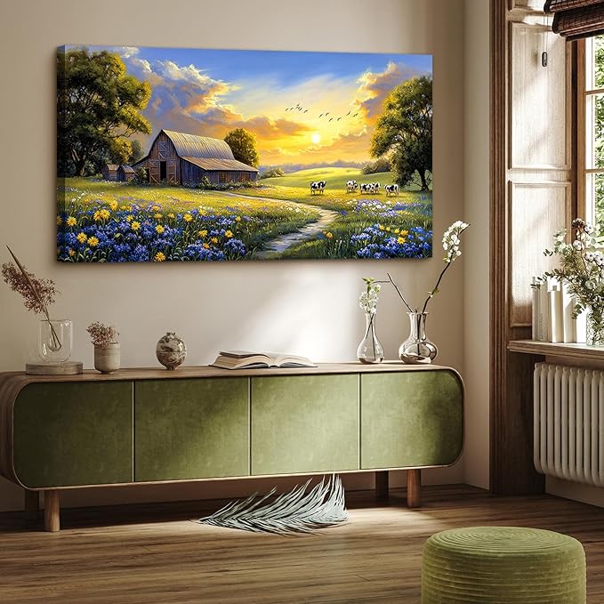 crmotu Farmhouse Wall Art, Landscape Wall Art, Large Wall Decor, Spring Nature Painting Canvas Prints, Rustic Sunset Oversized Artwork, Country Pictures for Living Room Dining Room Cottage Farm 29X57 In