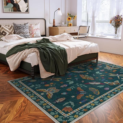 Lahome Insect Print Washable Rugs for Living Room, Soft Area Rug 6x9 Rug for Bedroom Ultra-Thin Dining Room Rug, Stain Resistant Large Carpet for Office Nursery Vionnet(6'x9',Dark Green)