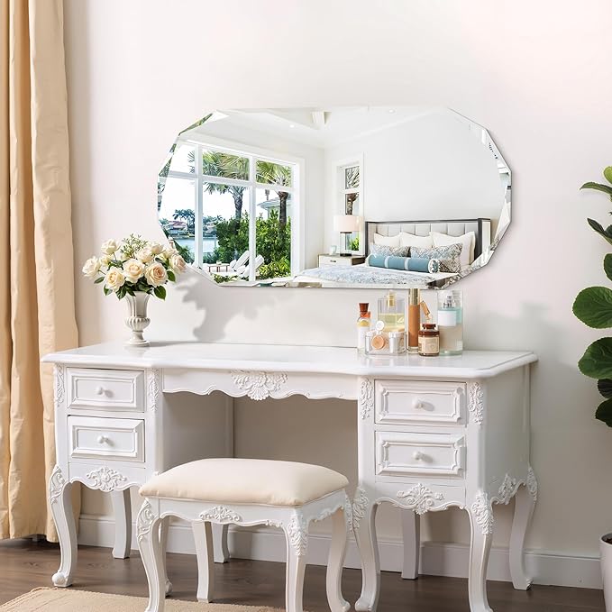 GLASHOM Frameless Bathroom Mirror, 20" x 40" Beveled Oval Wall Mirror for Over Sink, 20 Inch Modern Decorative Vanity Mirror for Bedroom, Living Room, Entryway, Hanging Mirror Horizontal or Vertical