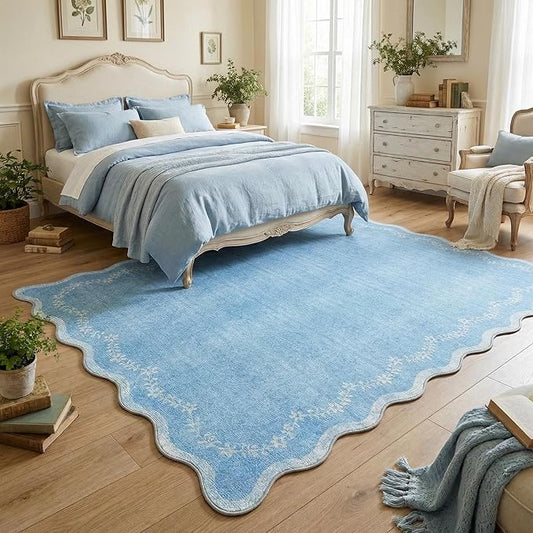 GarveeHome Scalloped Area Rugs 8x10 for Living Room, Solid Blue Large Washable Rug Soft Non Slip Backing Floor Mat Carpet Indoor Thin Rug for Bedroom Dining Room Playroom Nursery Home Decor