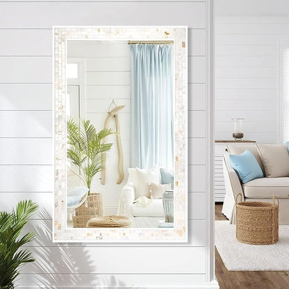 Tanmicoshomy White Framed Rectangle Mirrors 24 x 47 Inch, Coastal Wall Mirrors with Natural Shell for Bathroom, Bedroom or Entryway, Wall Mounted Horizontal or Vertical