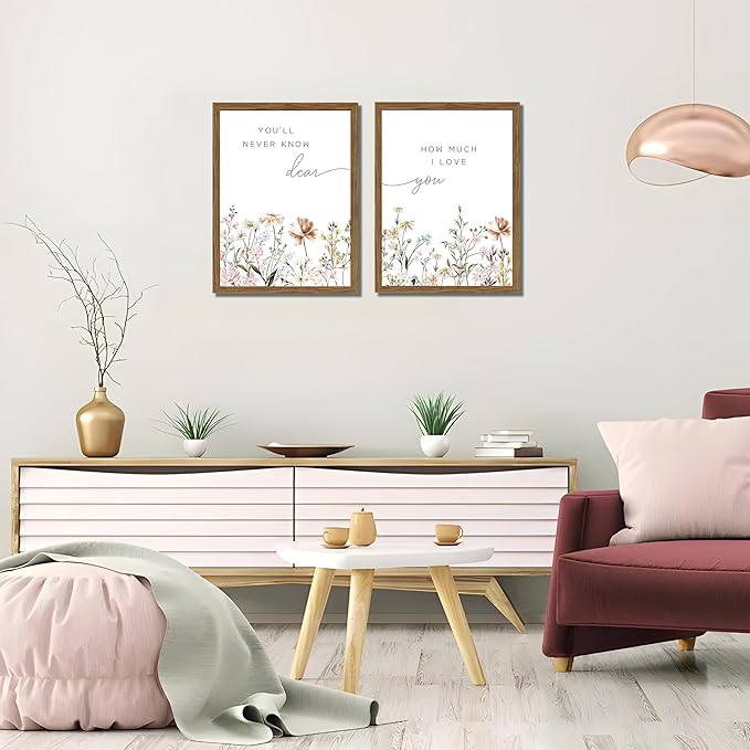 Wood Framed Wildflower Nursery Wall Art Set of 2, Boho Flower Botanical Wall Decor Paintings, Baby Girl Nurseries Pictures Posters Prints for Nursery Baby Room Bedroom Home Decoration 12x16 Inch