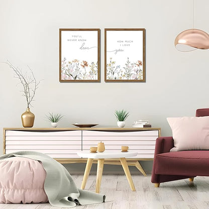 Wood Framed Wildflower Nursery Wall Art Set of 2, Boho Flower Botanical Wall Decor Paintings, Baby Girl Nurseries Pictures Posters Prints for Nursery Baby Room Bedroom Home Decoration 12x16 Inch