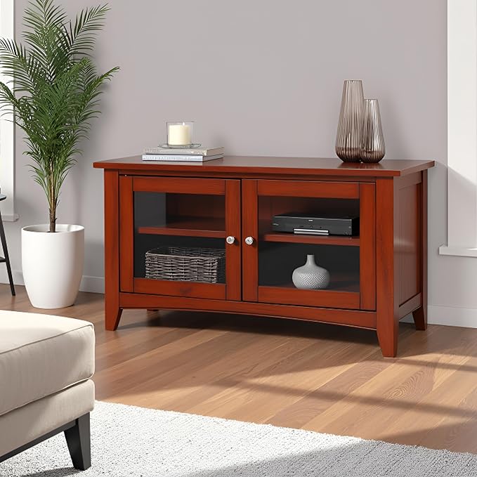 Shaker Cottage 36-Inch TV Stand Cabinet – Glass Door Media Console with Adjustable Shelves, Beadboard Accent, and Storage Organizer for Living Room, Bedroom, or Office by Alaterre Furniture (Cherry)