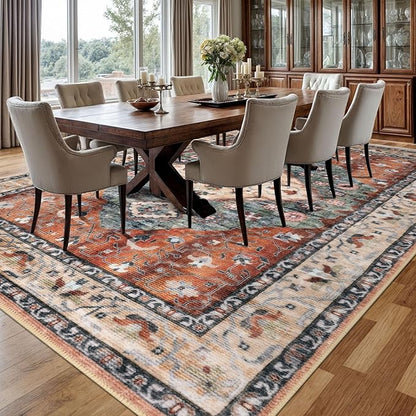 KOZYFLY Boho Area Rug 9x12 Ft Thin Rugs for Living Room Washable Bedroom Rug Non Slip Rugs for Living Room Rust/Orange/Blue Printed Faux Wool Vintage Bedroom Rug Floor Carpet for Dining Room