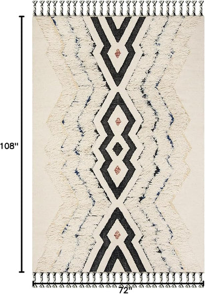 SAFAVIEH Kenya Collection Area Rug - 6' x 9', Ivory & Black Blue, Hand-Knotted Moroccan Tribal Tassel Wool, Ideal for High Traffic Areas in Living Room, Bedroom (KNY905A)