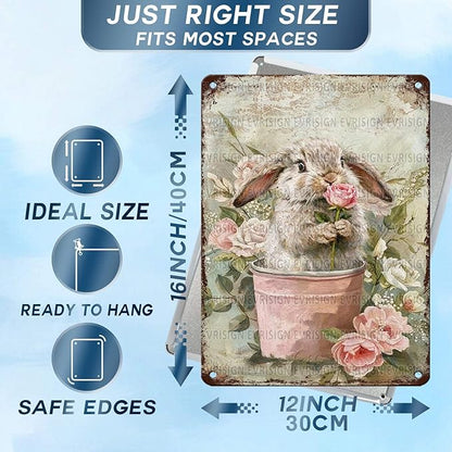 Easter Vintage Rabbit Metal Sign Rustic Farmhouse Wall Art For Home Office Garage Dining Room Indoor Outdoor Decor 12x16Inch
