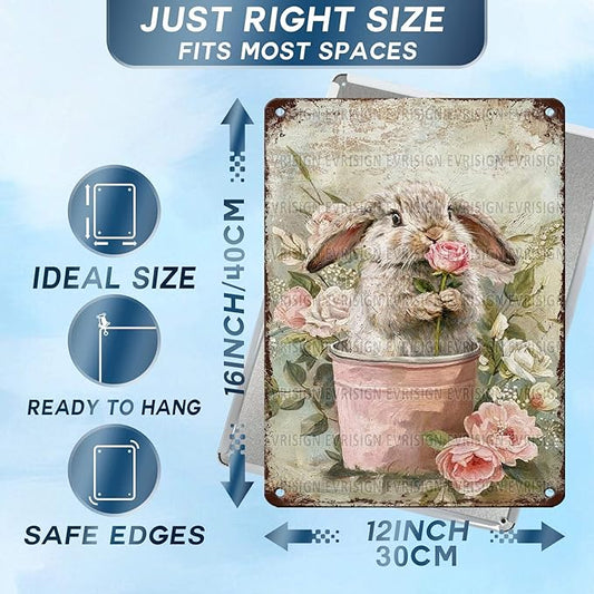 Easter Vintage Rabbit Metal Sign Rustic Farmhouse Wall Art For Home Office Garage Dining Room Indoor Outdoor Decor 12x16Inch