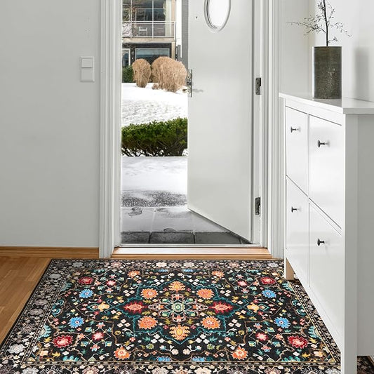 Entrance Rugs Indoor 2x3 Entry Rug Doormat, Washable Vintage Small Area Rug Non-Slip Low Pile Throw Rugs for Entryway, Kitchen Floor, Front Indoor Door Mat, Bathroom, Bedroom Bedside, Black