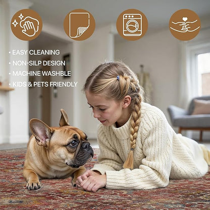 8x10 Area Rug Machine Washable Boho Rug for Living Room,Ultra-Thin Low Pile Carpet,Lightweight Indoor Printed Rug,Non Slip Floral Area Rug for Bedroom, Dining Room, Home Office,Burgundy Red