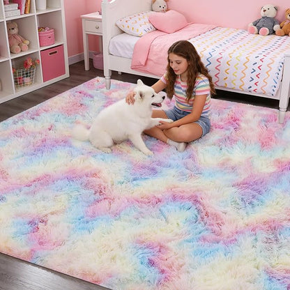 8x10 Area Rugs Living Room, Rainbow Large Plush Fluffy Bedroom Carpet, Non-Slip Upgraded Indoor Thick Soft Rug, Modern Plush Carpet Suitable for Kids Home Decor Aesthetics Dorm.
