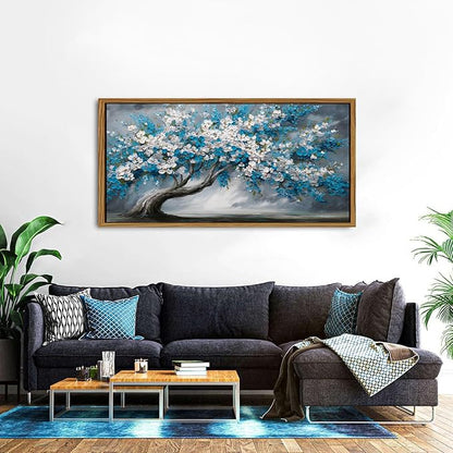 Abstract White Daisy Flower Framed Wall Art Colorful Tree Wall Decor Nature Navy Blue Botanical Painting Rustic Farmhouse Pictures Posters Modern Artwork for Bedroom Living Room Decorations 30x57.8