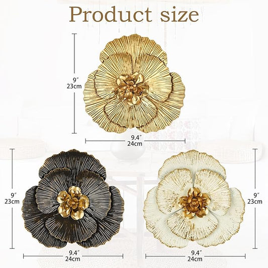 DILATATA 3 Pcs Metal Flower Wall Art Set 10 Inch Rustic Modern Floral Sculpture 3D Metal Flower Wall Hanging Accent for Indoor Living Room Bedroom Kitchen Bathroom Garden Patio Decor - Mixcolor
