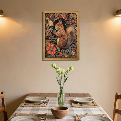 Framed Vintage Squirrel Wall Art, 3D Textured Squirrel Among Flowers Painting Art, Hand Drawn Sandstone Botanical Floral Pictures, Modern Farmhouse Wall Decor for Living Room Bedroom 12x16 inch