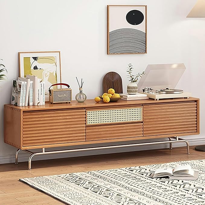 TV Stand Wood TV Stand, TV-Console, with Rattan Lower-Flap Door, Entertainment Center, with Cable Hole, Already Assembled TV Cabinet, TV Tables with Storage, for Living Room(Natural,Wood Leg)