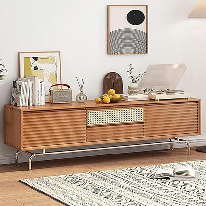 TV Stand Wood TV Stand, TV-Console, with Rattan Lower-Flap Door, Entertainment Center, with Cable Hole, Already Assembled TV Cabinet, TV Tables with Storage, for Living Room(Natural,Wood Leg)