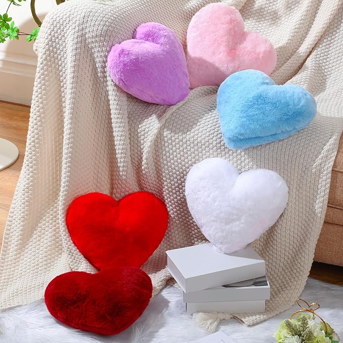 Liliful 6 Pcs Faux Rabbit Fur Heart Pillows Fluffy Heart Throw Pillows Cute Couch Cushion Soft Decorative Throw Cushion for Bed Sofa Girls Women(12 x 11 Inch,Cute Color)
