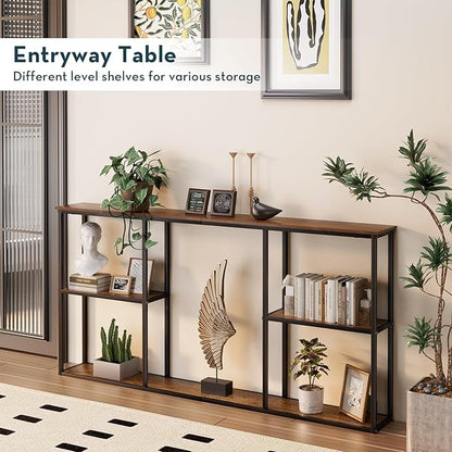 WOHOMO Console Table,3-Tier Small Entryway Tables,Narrow Sofa Table for Hallway,Rustic Brown(63 inch)