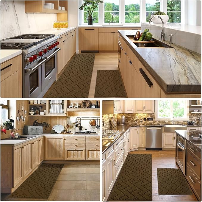 hicorfe Kitchen Runner Rugs and Mats Sets,2 Pieces Absorbent Non-Slip Kitchen Rug,Comfort Kitchen Mat for Floor,Washable for Kitchen,Hallway,Office,Sink,Laundry(20"x48"+20"x32",Dark Brown)