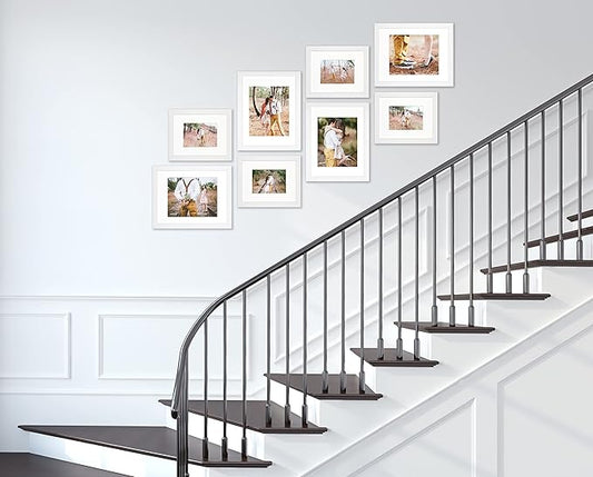 VELISTA 8 Piece Stair Picture Frame Set for Wall Collage – Stairwell Gallery Wall Frame Set -Stairway Décor for Walls - Ladder Picture Frames with Mat 5x7 and 8x10 in - Staircase Wall Décor (White)